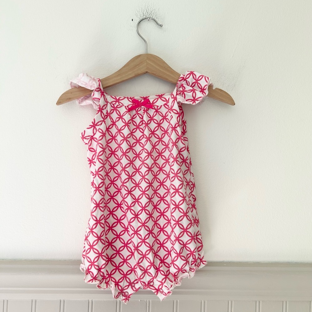 Baby Essentials 18 Months  Pink and White Patterned Infant Romper